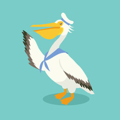 Pelican in a sailor suit flaps its wing