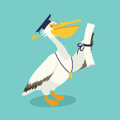 Graduation mascot the white pelican holding a diploma in its wing.