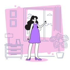 The woman is standing at the window. She is happy with her new windows and comfort in the house.