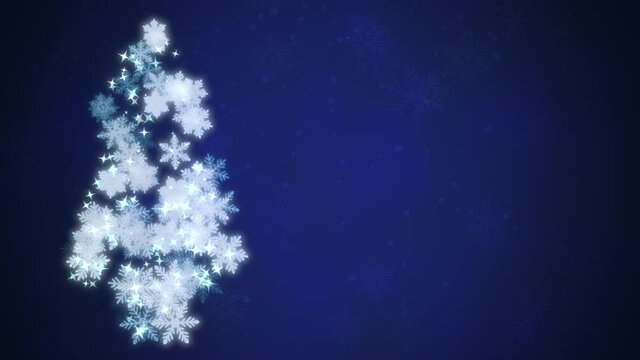 White tree and snow falling on blue background. Holidays and winter style background for Happy New Year and Merry Christmas
