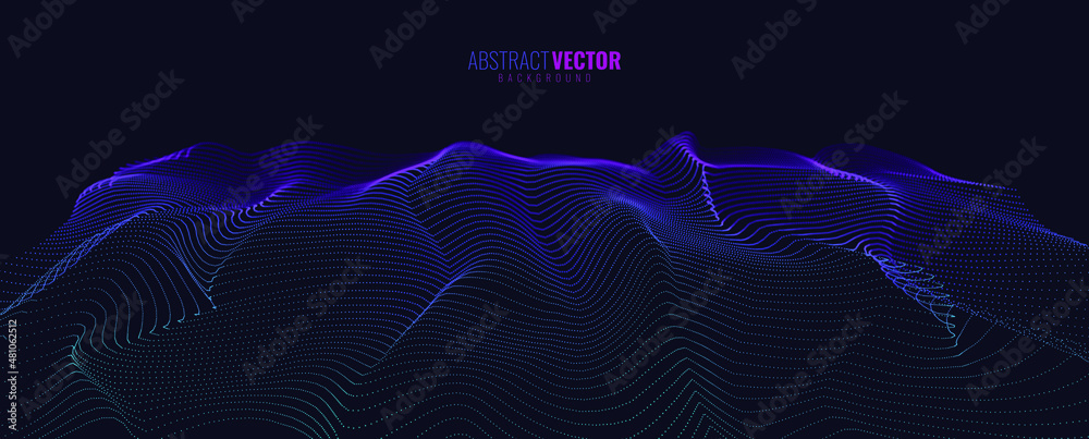 Poster Abstract Music Background. Line Waves Abstract Sound Equalizer. Colorful Spectrum, Sound Pulse Color Lines. Vector Illustration. Dark Wide Wallpaper.