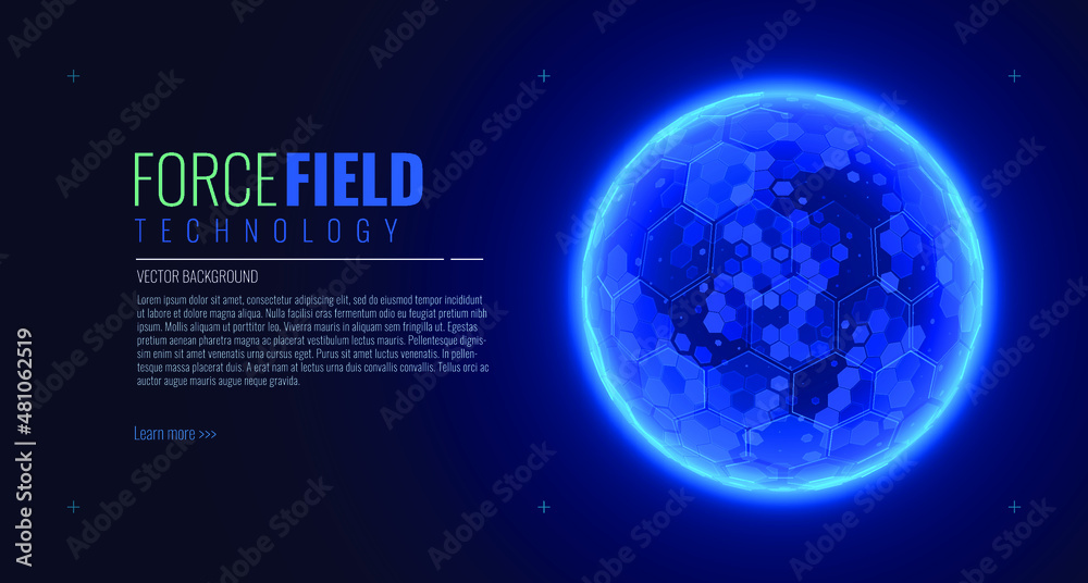 Aufkleber Bubble Shield Futuristic HUD Illustration on a Blue Background. Dome Geometric Energy Shield. Sci-Fi Game Abstract Force Field Glowing Effect. Hexagonal 3D Sphere Vector Illustration.