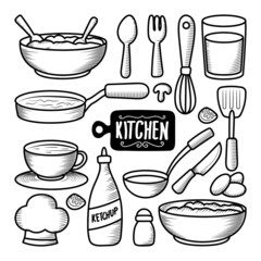 Collections of kitchen utensils Hand drawn doodle elements 