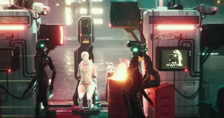 The camera reveals a female prisoner robot next to another robot and a barrel with fire.