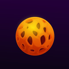 Orange galaxy planet with core and holes. Alien galaxy fantastic world, game design element, fantasy planet or moon icon. Kids comic planet with deep craters, chasm or caves