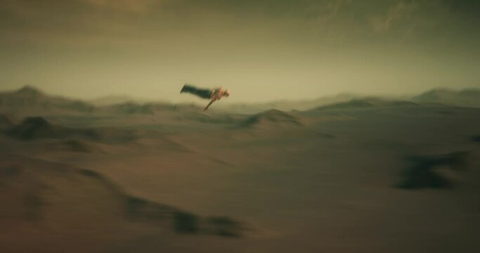 Animation of a flying man across the desert in outer space between the mountains. Drone fpv wide shot