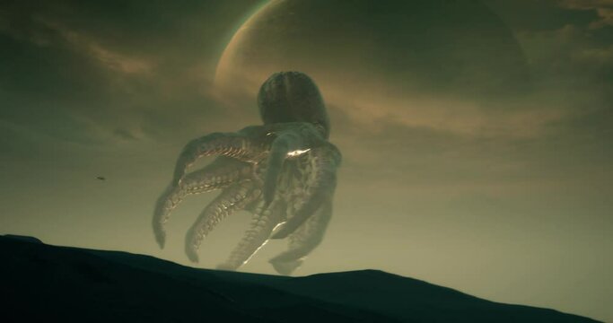Animation of a man flies towards a giant alien octopus in the middle of outer space in the sky. Wide shot