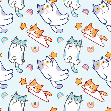 Seamless Pattern with Cartoon Cat Illustration Design on Light Blue Background
