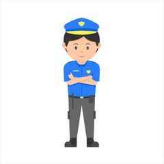 a Police officer man uniform standing in front view. Job at police station. Vector character illustration isolated on white background.