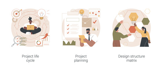 Project life cycle abstract concept vector illustration set. Project planning, design structure matrix, task assignment, business case, business analysis, visual representation abstract metaphor.