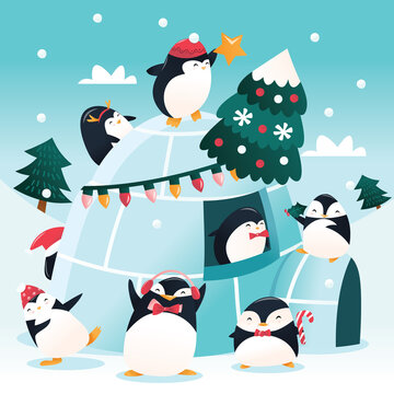 Cartoon Cute Penguins Christmas Decorating Igloo