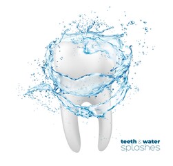 Fototapeta na wymiar Teeth and clean water flow in swirl splash. Mouth rinse or mouthwash dental hygiene and care, vector. White tooth in water splash with drops splatter for teeth protection and healthy whitening
