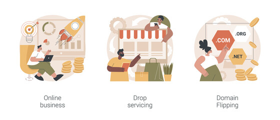 Online business abstract concept vector illustration set. Drop servicing, domain flipping, business opportunity, outsource, drop shipping, web hosting, social media sales, promotion abstract metaphor.