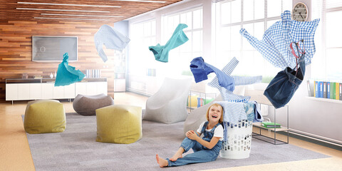 Happy little girl with washed clothes . Mixed media