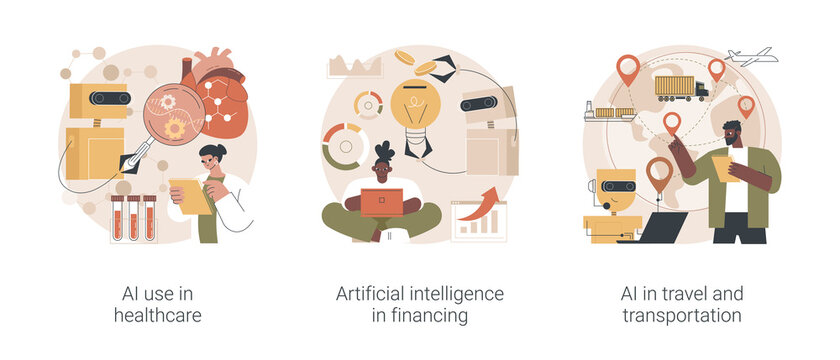 Machine learning in industry abstract concept vector illustration set. AI use in healthcare and financing, artificial intelligence in travel and transportation, smart booking abstract metaphor.