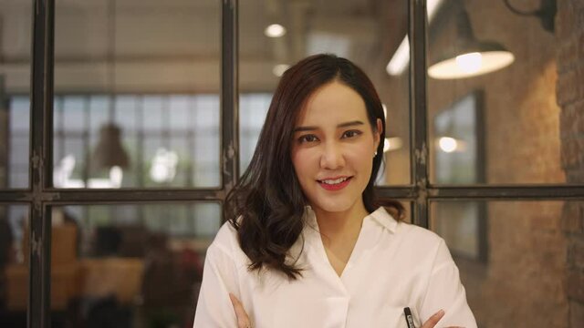 Beautiful, Authentic portrait of confident successful businesswoman looking camera. Business people concept. Asian young girl, professional secretary, employee, happy smile for working business.