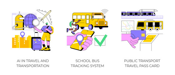 Technology in transportation abstract concept vector illustration set. AI in travel and transportation, school bus tracking system, public transport travel pass card, navigation abstract metaphor.