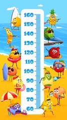 Kids height chart cartoon tropical fruits on summer vacation. Vector growth meter scale and funny lemon, pineapple, watermelon and banana, apple, pomegranate, plum, pear and peach characters on beach