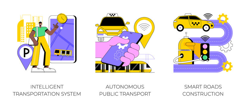 Smart City Technology Abstract Concept Vector Illustration Set. Intelligent Transportation System, Autonomous Public Transport, Smart Roads Construction, Traffic, Parking Management Abstract Metaphor.