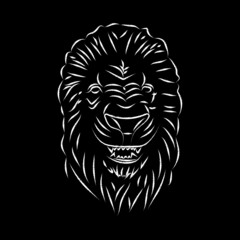 Lion head, statue. Vector antique logo. Ancient greek or roman style elements. Contour lion head with mane isolated on black background. Hand drawing of lion's head in antique style. Line art
