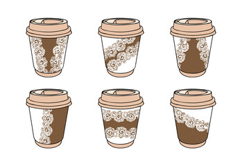 Paper coffee cups collection decorated openwork pattern. Take away coffee cups. Coffee to go graphics template. Hot drinks take away concept. Draw attention to design in your coffee house