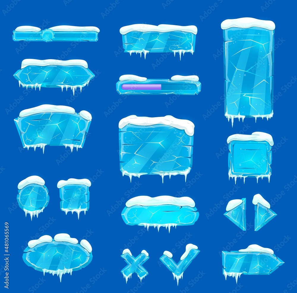 Poster blue ice crystal buttons, sliders, arrows and keys with snow and icicles. vector game asset, user me