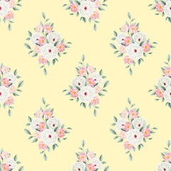 Spring flowers seamless pattern. Botanical background. Arrangement of pink and white wildflowers.