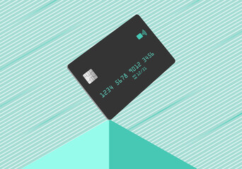 A modern dark grey credit card is seen atop a pyramid with a striped light green background in this 3-d illustration.