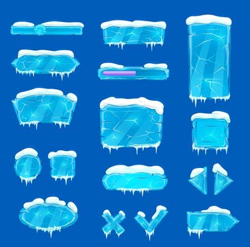 Blue ice crystal buttons, sliders, arrows and keys with snow and icicles. Vector game asset, user menu panel interface. Iced textured blocks, ui gui graphic design elements, frozen cartoon buttons