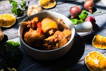Braised chicken with fish sauce.  ingredients including chicken, fish sauce and seasoning...