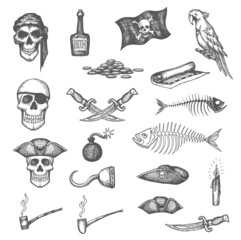 Obraz premium Pirate map and flag, skulls, daggers weapon and fish bones, rum bottle, parrot and tobacco pipe, candle sketches set. Corsair, filibuster or buccaneer hand drawn vector coins, hand hook and cannonball