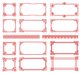Red Asian red knot frames and borders. Korean, chinese and japanese knot vector embellishment. Chinese red pattern ornaments and asian oriental corner frames or geometric borders