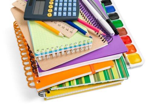 School colored stationery supplies with calculator