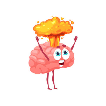 Cartoon brain with head explosion, strong stress and information overload isolated cartoon character. Vector brainy emoticon with detonating head, nuclear burst, charged by creative ideas, brainstorm