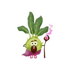Magician kohlrabi pod cartoon character with magic crook wizard stick isolated funny vegetable sorcerer in purple cape. Vector magician emoticon kawaii with face, cute veggies kids children food