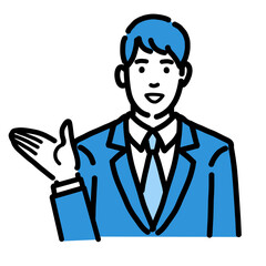 笑顔で説明をしているスーツを着た若い男性
