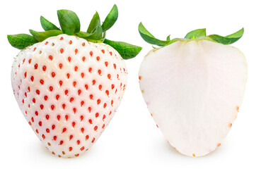 Fresh White strawberries in packaging isolated on white background, Pine berry or Hula strawberry on White Background With clipping path. © MERCURY studio