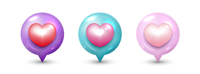 Set of love location icon isolated on white background. Map pointer with heart shape. Heart pin. 3d love symbols for valentine. Vector illustration.