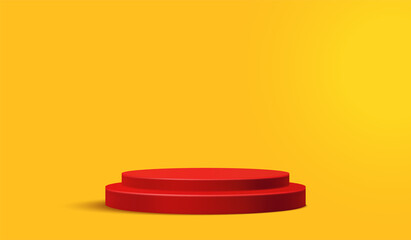 Red podium pedestal advertising for product display on blank studio, Cylindrical shape for product presentation