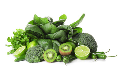 Healthy green products on white background