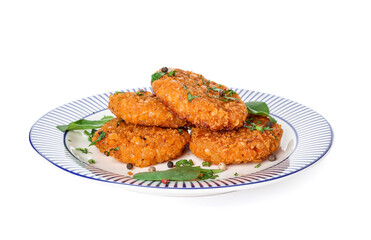 Plate with tasty lentil cutlets on white background