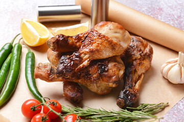 Tasty cooked chicken drumsticks on table