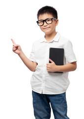 Kid pointing aside presenting and holding tablet, wearing glasses and white shirt