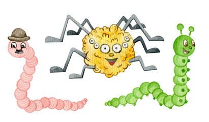 Watercolor cute cartoon spiider, worm, caterpillar characters. Insects hand drawn illustartion for kids.  Isolated clipart element on white background.