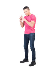 Evil guy looking at camera isolated on white background