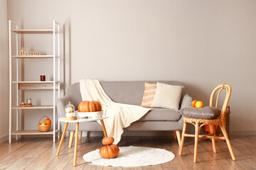 Interior of modern living room with comfortable sofa, chair, table and pumpkins