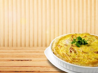 Delicious homemade cake with apple on desk