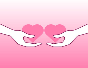 Hand drawing giving pink hearts to each other on pink background, Vector design illustration.
