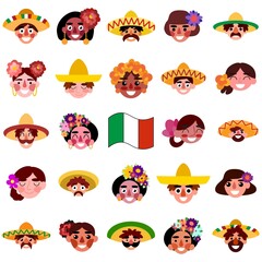 Cinco de Mayo people cartoon big set vector illustration. Traditional Mexican men and women with Mexico flat white isolated. Happy hispanic characters with flowers in hair and sombreros vector