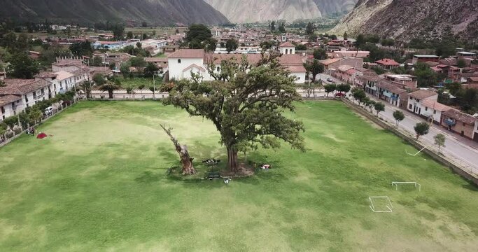 View of agriculture structure made by Inca culture in Yucay. Town in the Sacred Valley in the Peruvian Andes.